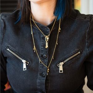 Dainty gold Long charm layering necklace with hematite charms and rhinestones